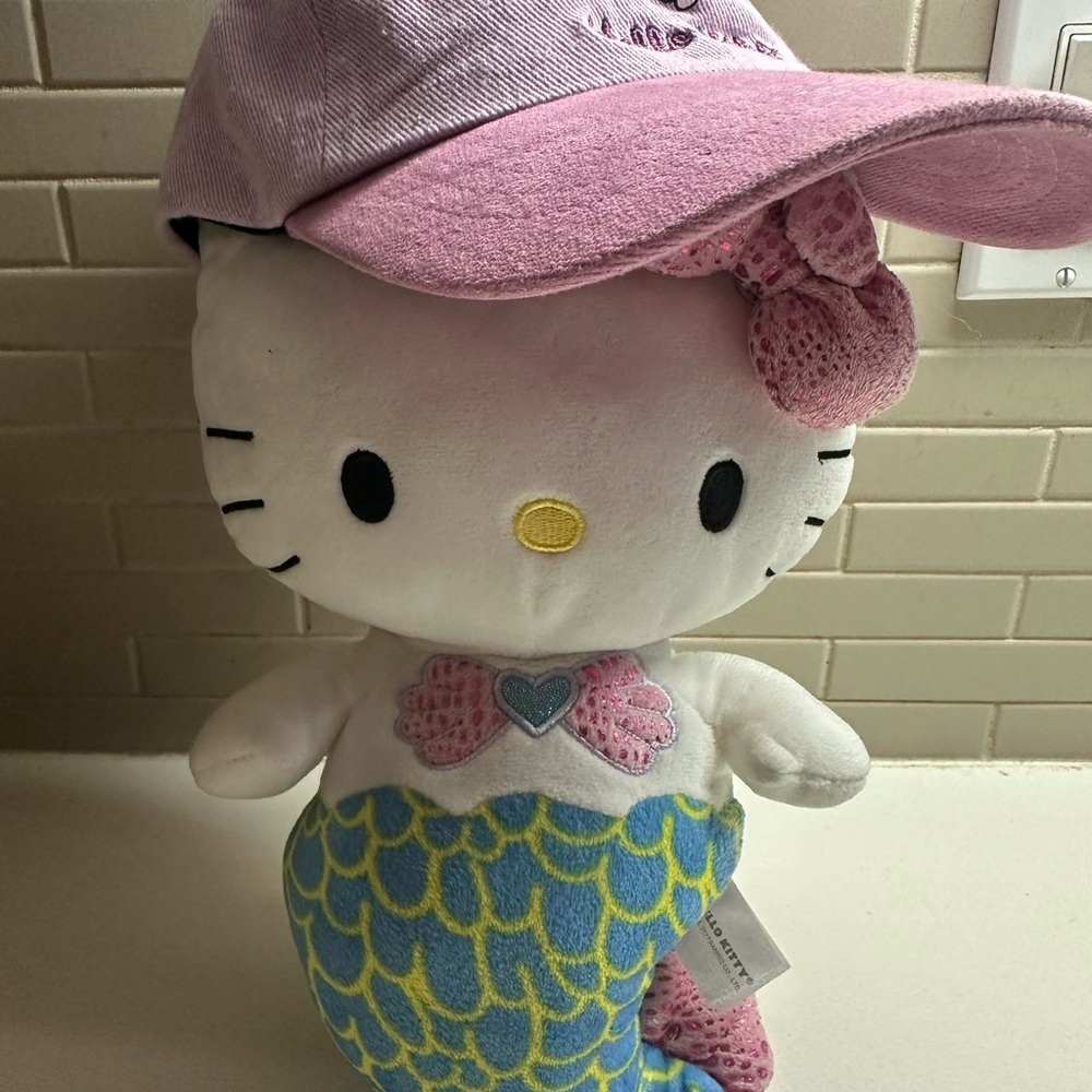 Hello Kitty White Plush Mermaid with Pink Hat and Blue-Yellow Tail